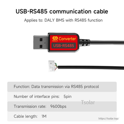 USB-RS485 communication cable converter with 5-pin plug, 9600 bps and 1 m cable shown