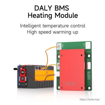 DALY BMS heating module board shown connected to a battery pack for temperature control