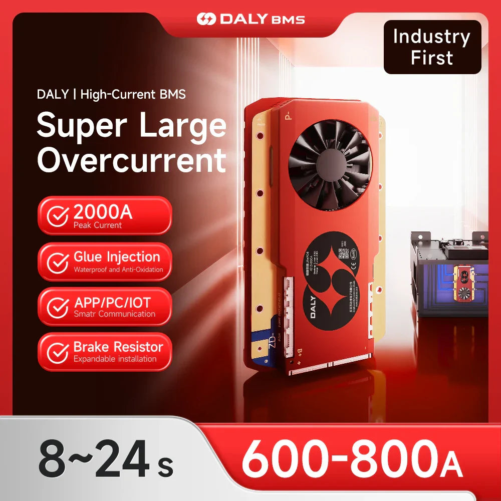 DALY High-Current Smart BMS promo graphic showing 600–800A range and listed features