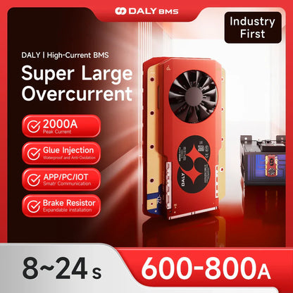 DALY High-Current Smart BMS promo graphic showing 600–800A range and listed features
