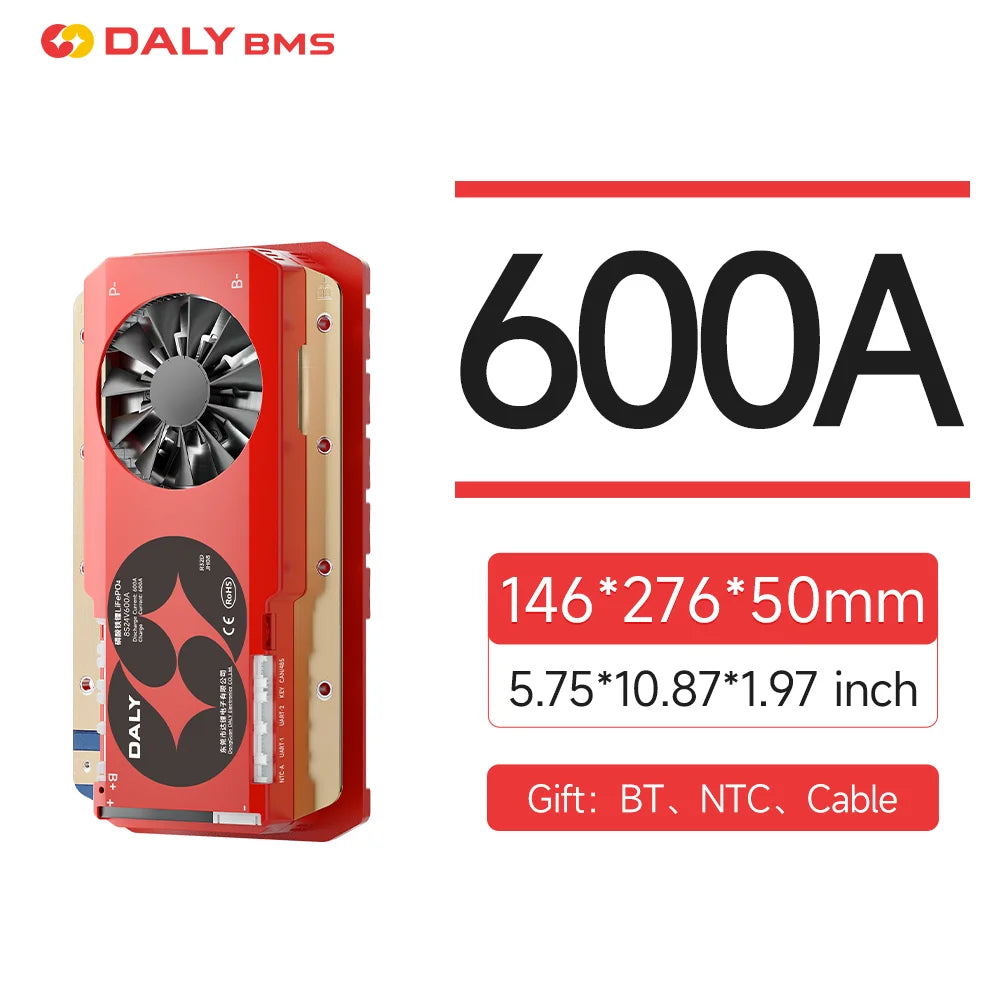 DALY BMS 600A size graphic: 146×276×50 mm (5.75×10.87×1.97 in), gift BT/NTC/cable