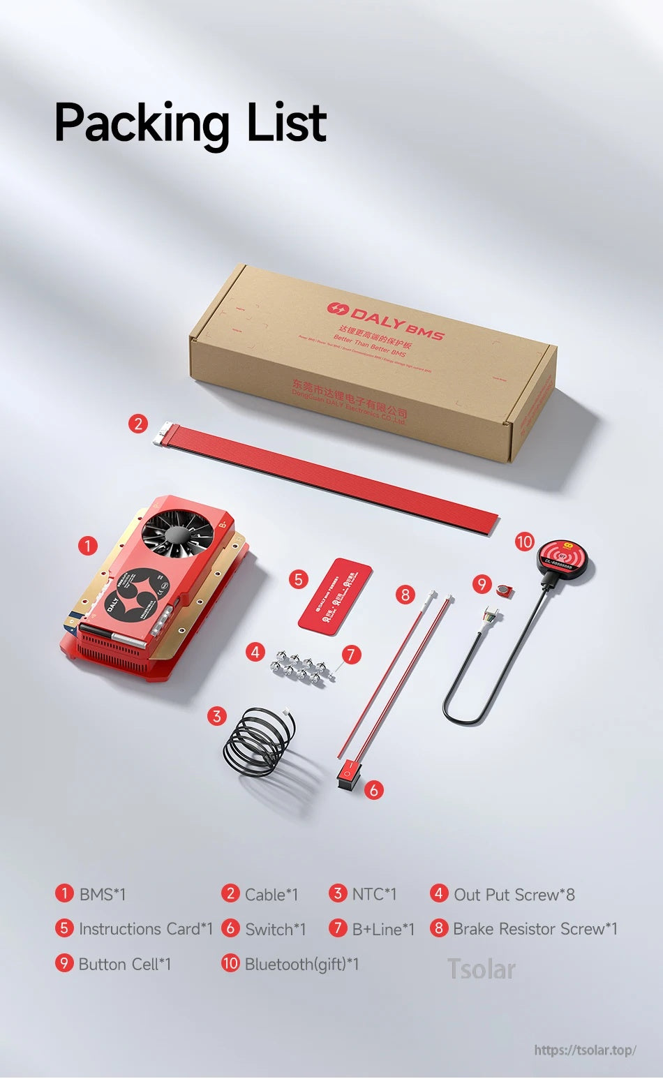 Packing list photo with DALY BMS unit, cables, NTC sensor, screws, switch, B+ line, and Bluetooth module accessory