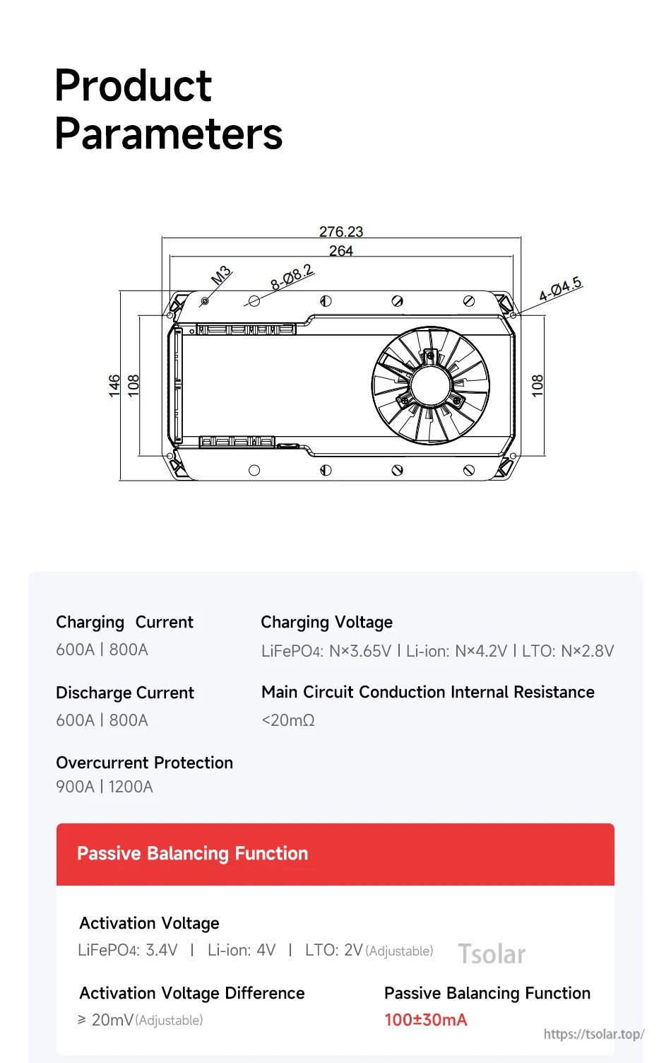 DALY High-Current Smart BMS dimensions and key electrical parameters including current ratings, voltage formula, and passive balancing