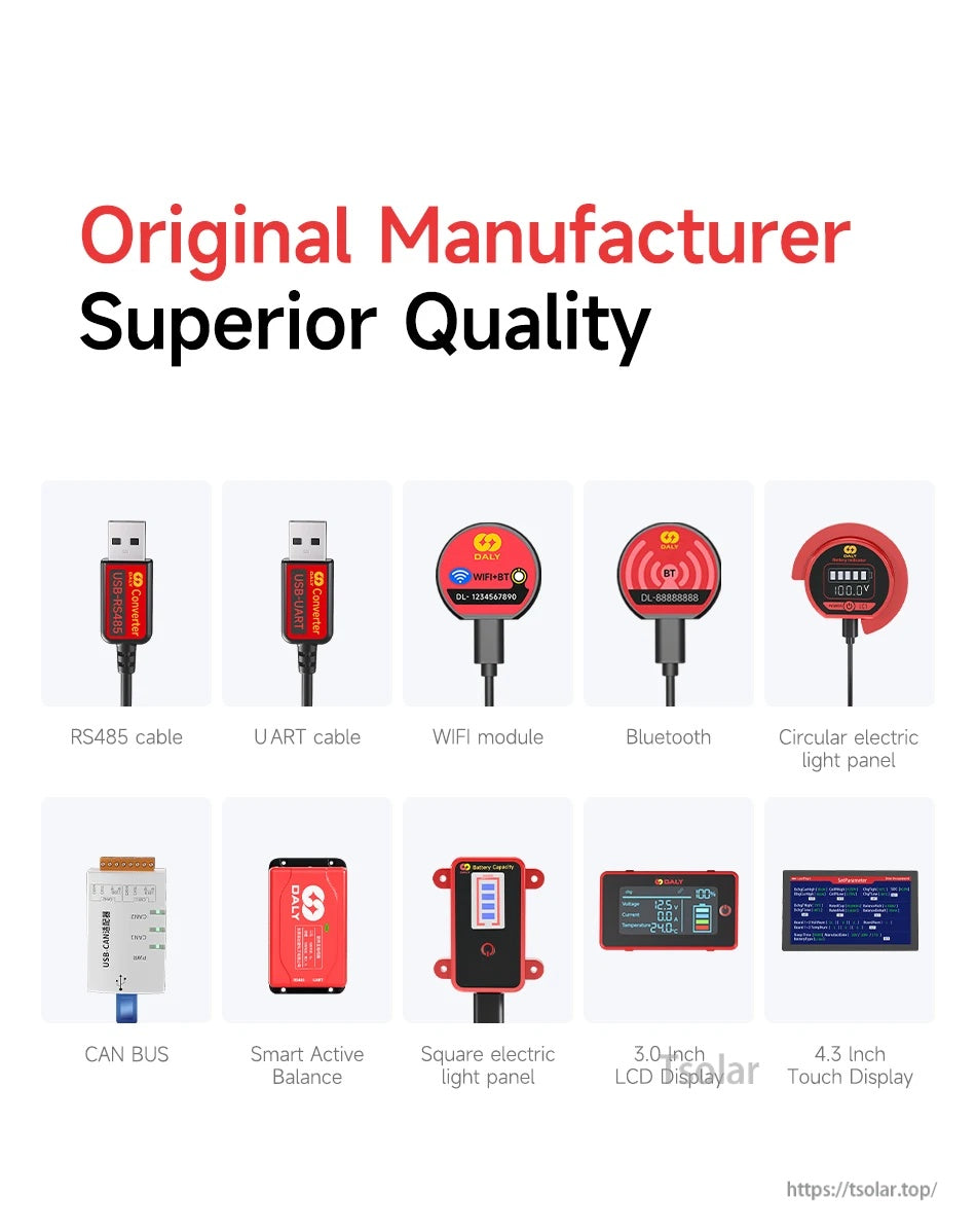 Optional accessories lineup including RS485 and UART cables, WiFi module, Bluetooth, CAN bus, and display panel options