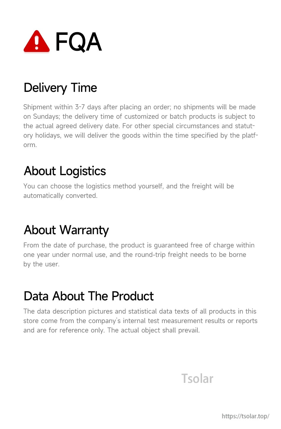 FAQ text for DALY smart BMS listing delivery time (3–7 days), logistics options, and 1-year warranty terms