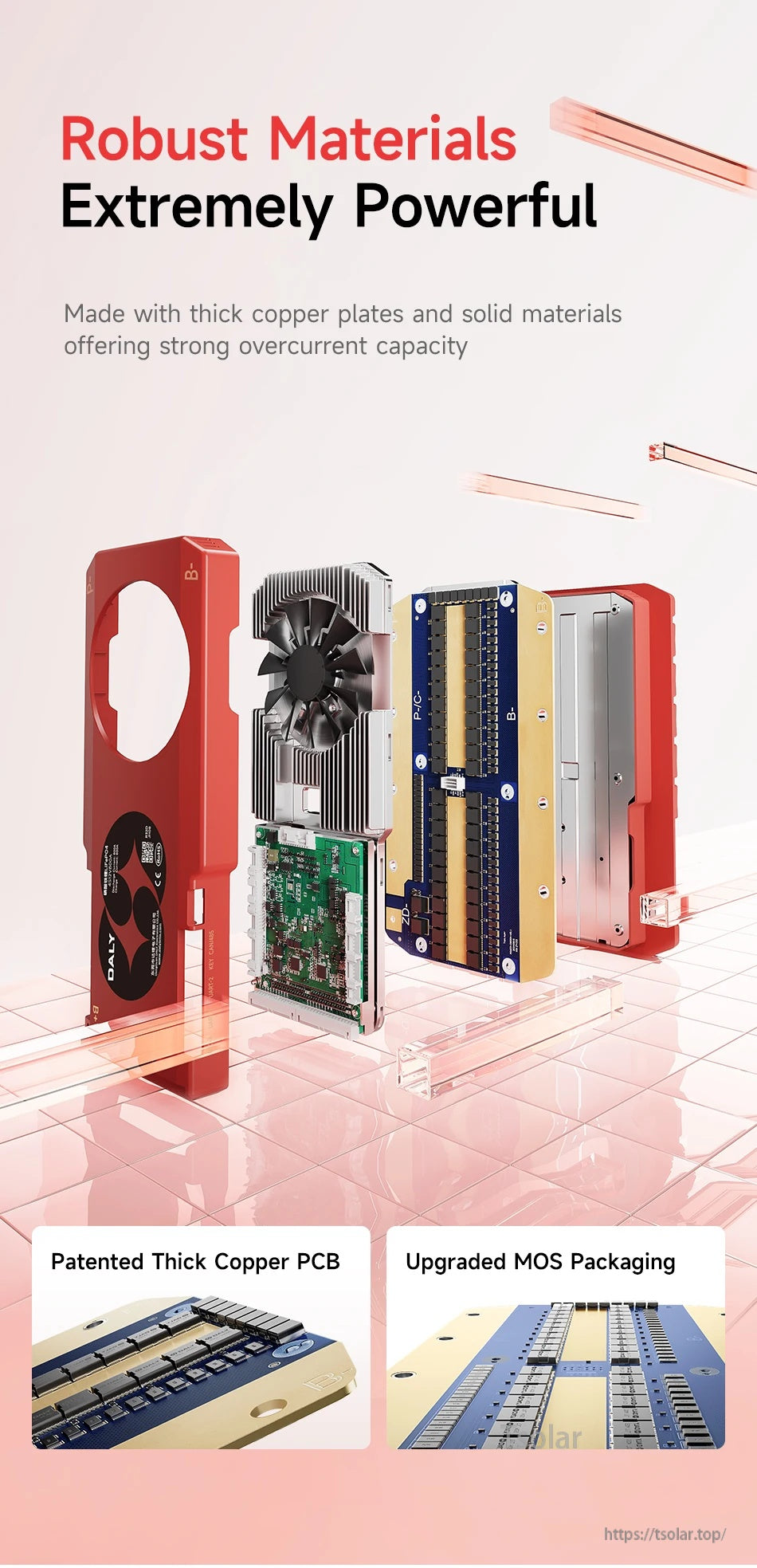 Internal materials layout with thick copper plates, MOS packaging, and PCB structure for high-current resistance and durability