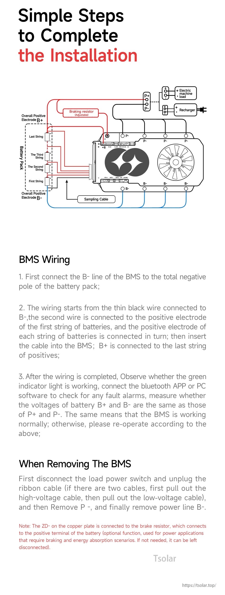 BMS wiring diagram illustrating battery pack connections, sampling cable order, load and charger terminals, and brake resistor wiring option