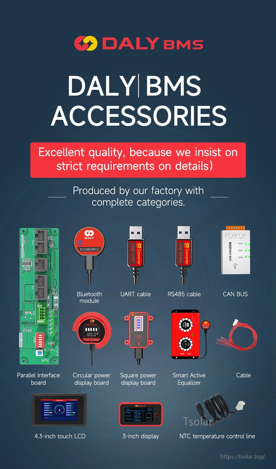 Daly Smart BMS accessories overview with Bluetooth module, UART/RS485/CAN tools, displays and interface boards