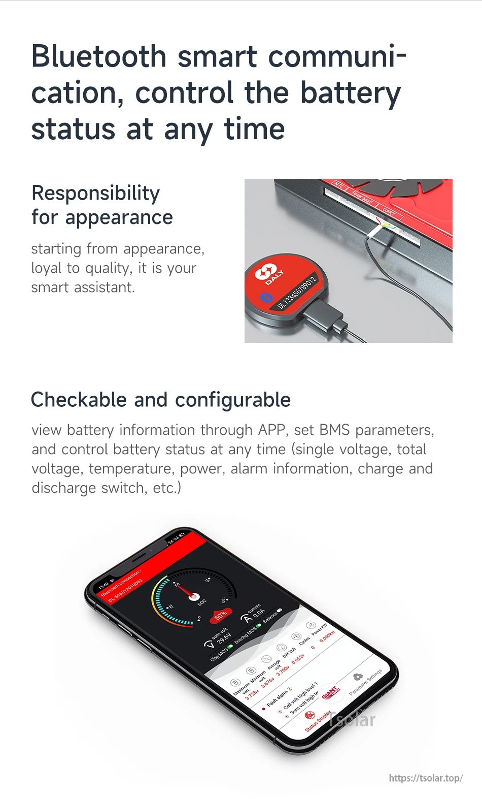 Daly Smart BMS Bluetooth module connected to BMS and phone app interface for live battery status and settings