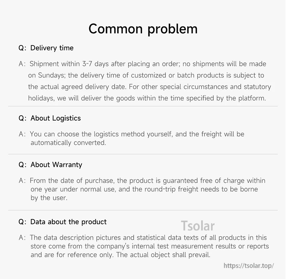 Daly Smart BMS common problems FAQ text covering delivery time, logistics, warranty, and product data notes