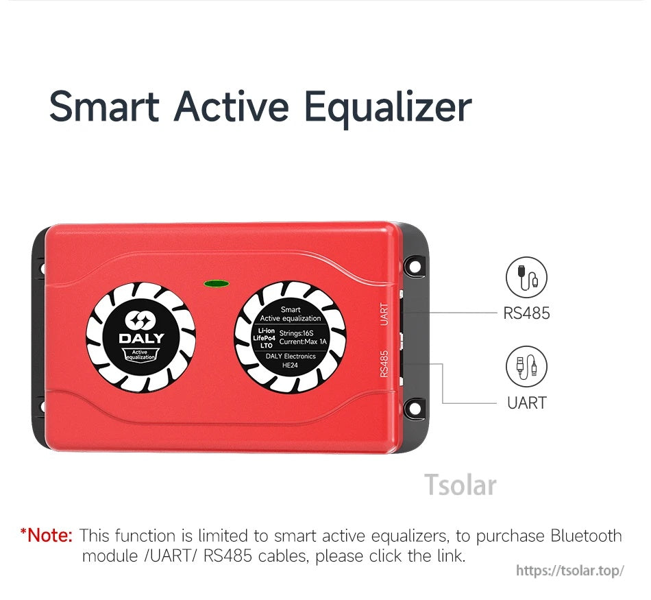 Daly smart active equalizer module with RS485 and UART ports, red enclosure for Li-ion/LiFePO4/LTO battery packs