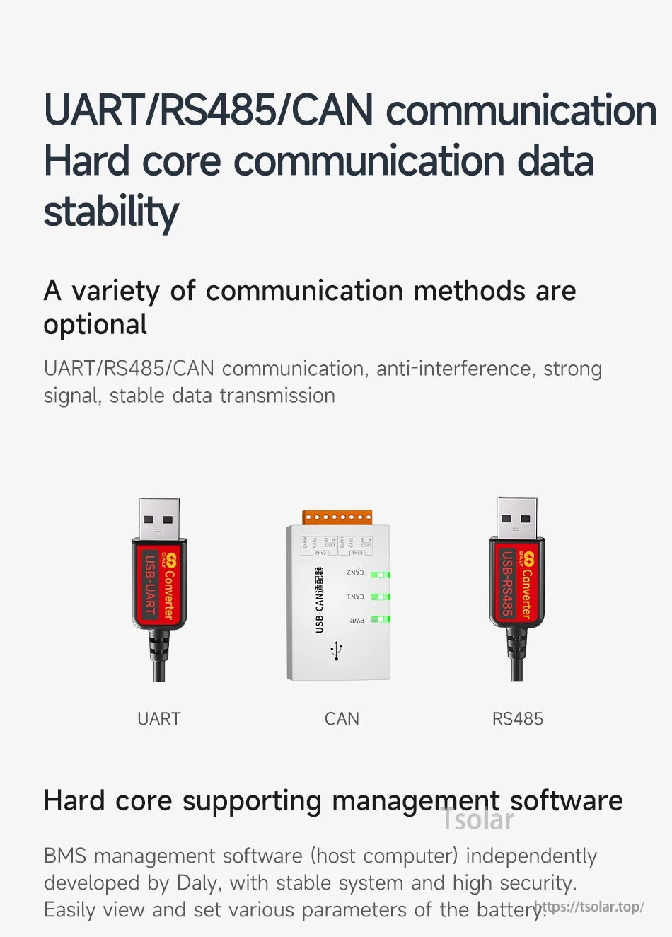 UART, CAN, and RS485 USB converter options for Daly BMS communication with PC management software support