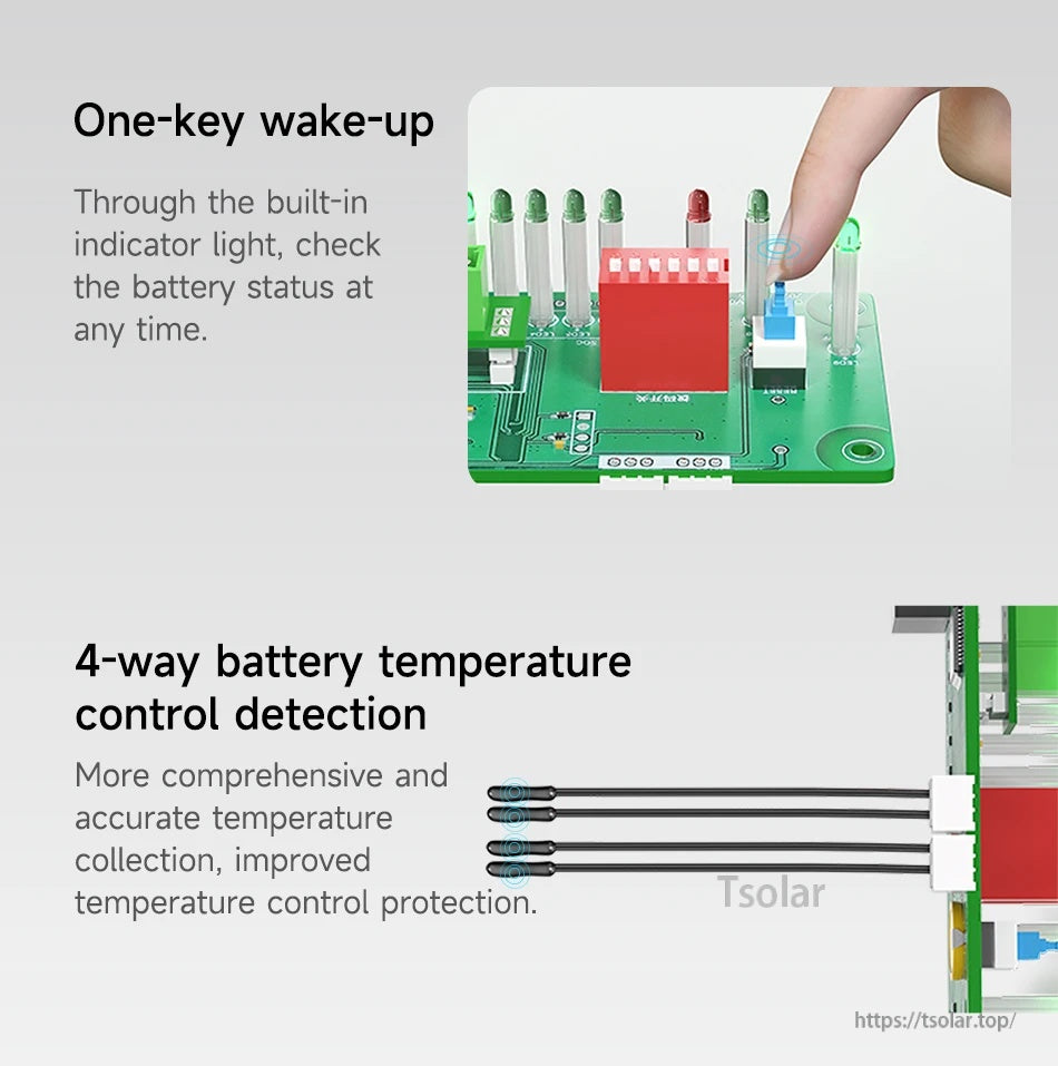 One-key wake-up button and indicator light, plus 4-way temperature sensor inputs for battery temperature control detection