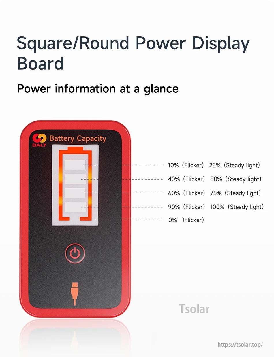 Square/round power display board with battery capacity level indicators and one-button power icon on the faceplate