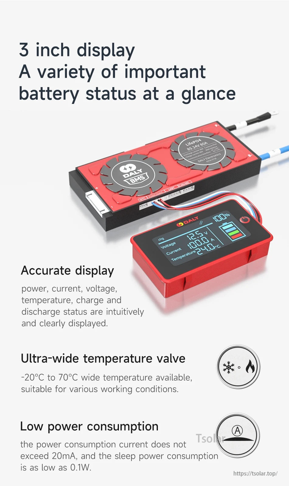 3-inch battery status display module showing voltage, current and temperature readouts, with low power consumption notes