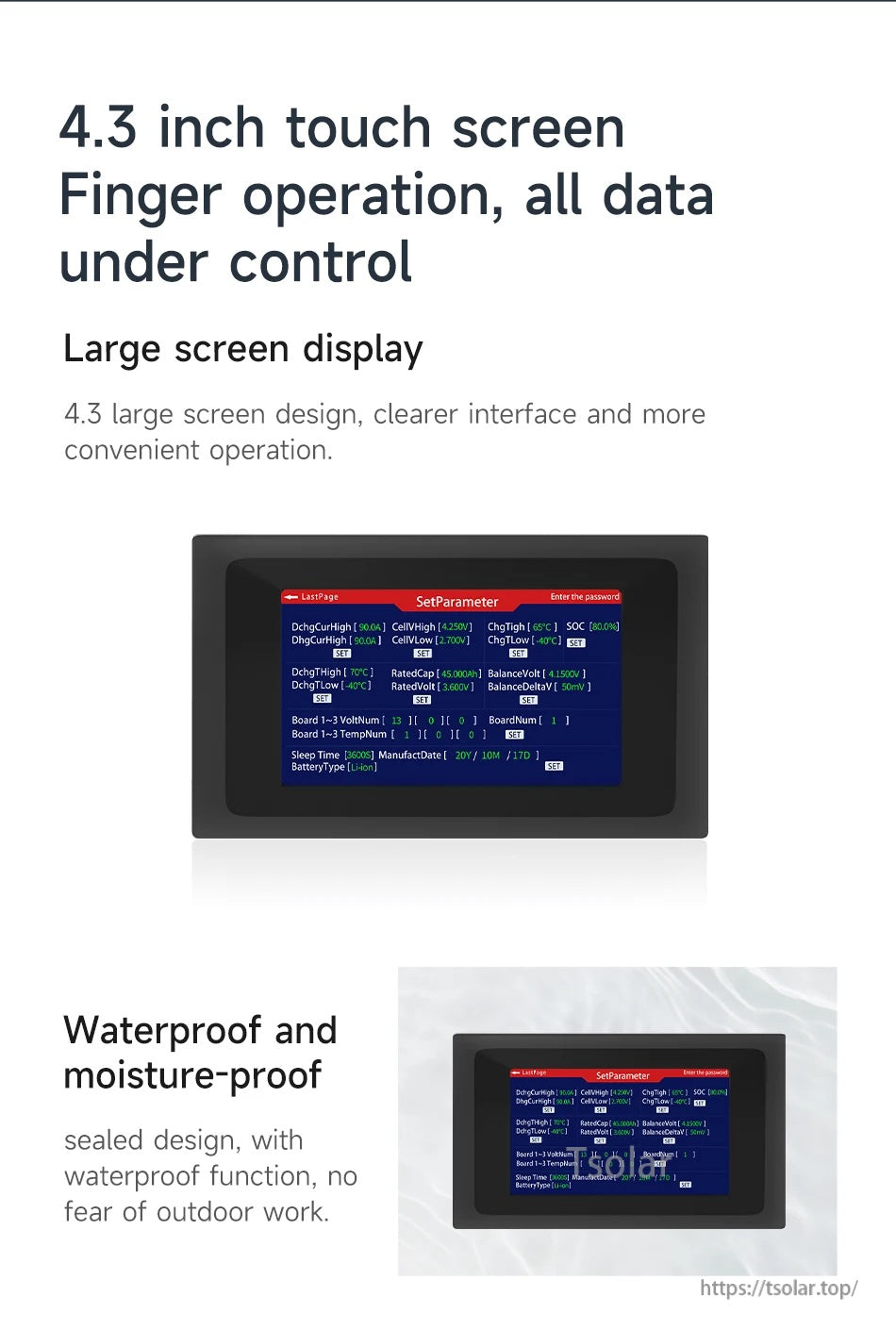 4.3-inch touch screen display for Daly BMS with parameter setting menu and waterproof, moisture-proof sealed design notes