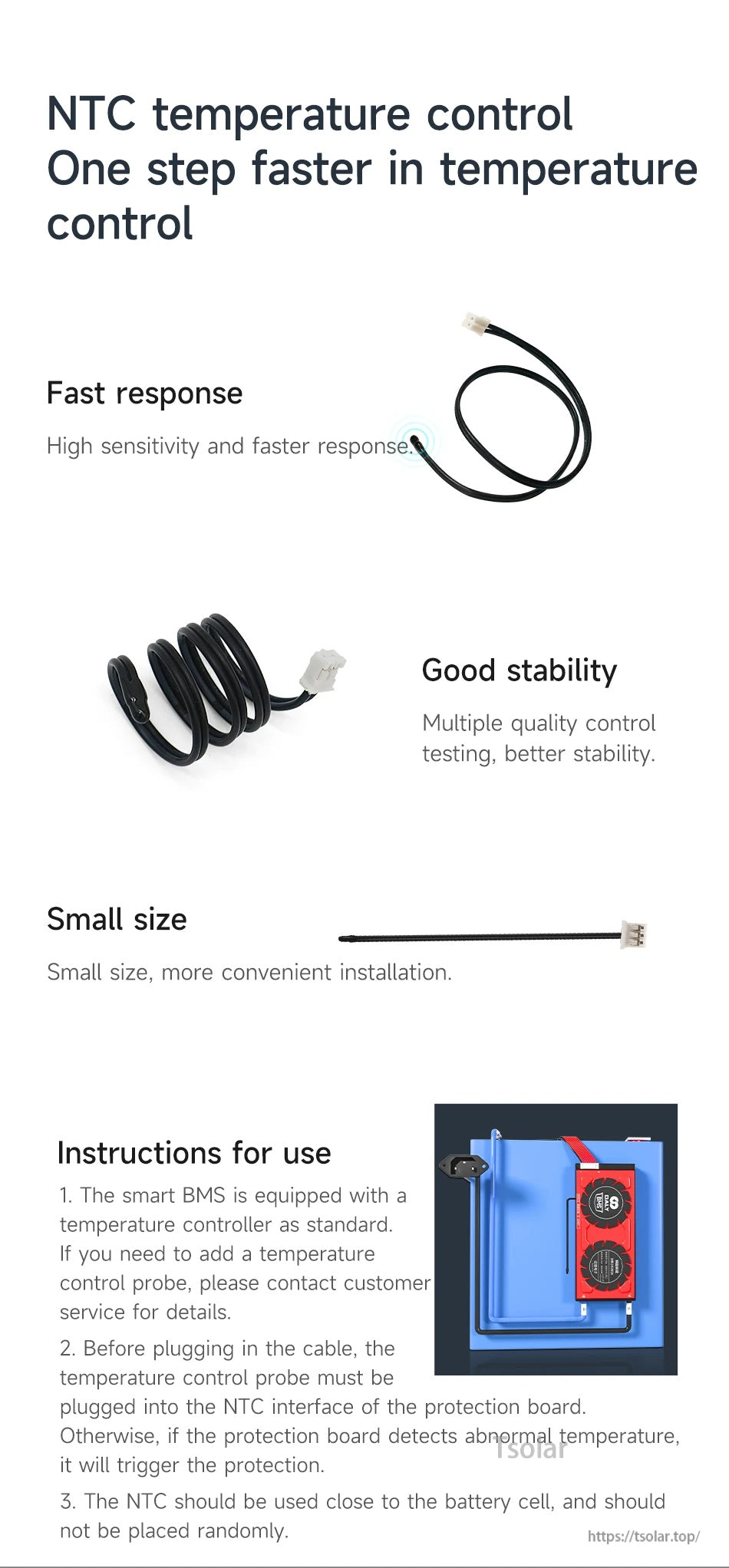 NTC temperature sensor probe cable with white connector for Daly Smart BMS temperature control interface