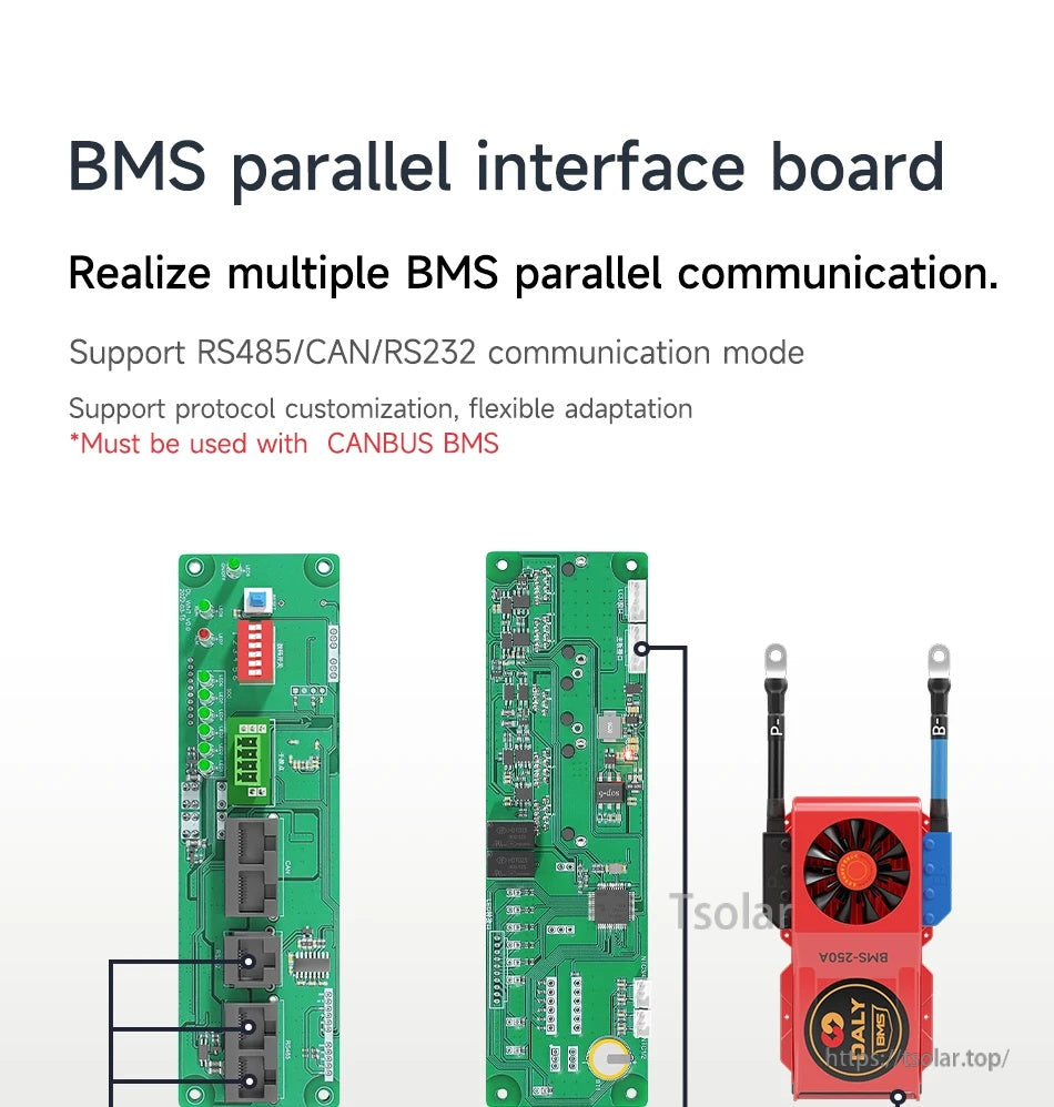 BMS parallel interface board details for linking multiple BMS units; supports RS485/CAN/RS232 and requires CANBUS BMS