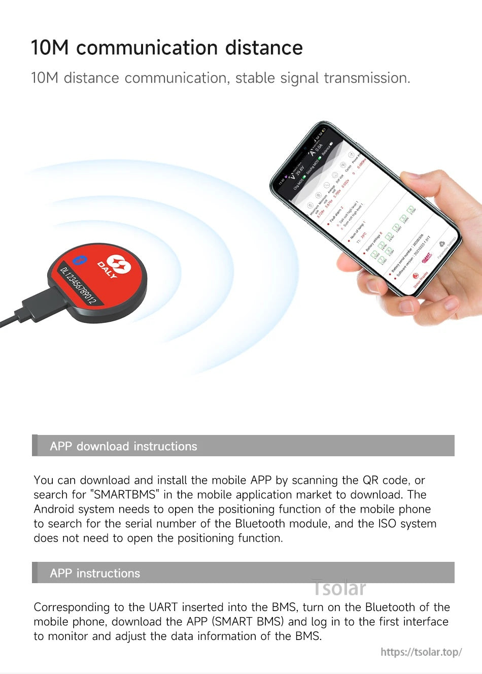 Bluetooth communication distance graphic indicating up to 10 m range, plus app download and connection notes