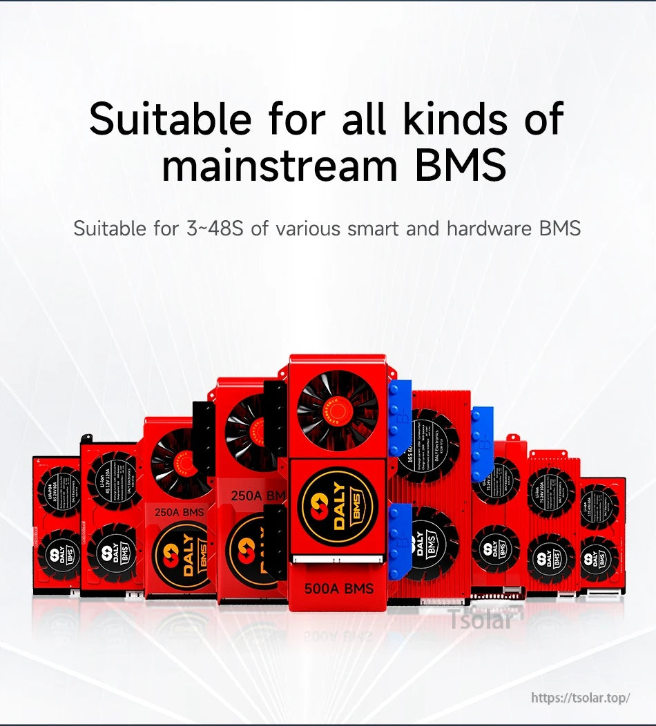 Daly BMS units lineup graphic noting compatibility with mainstream smart and hardware BMS systems (3–48S)