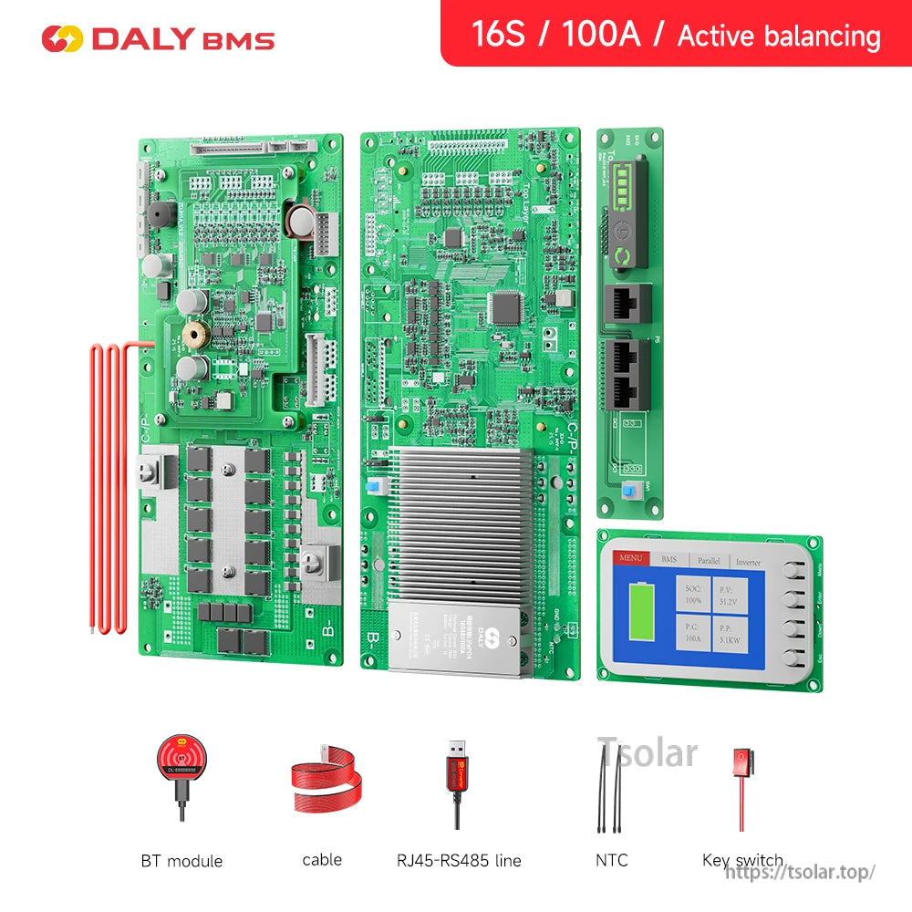 Daly Smart LiFePO4 BMS 16S 100A active balancing kit with control boards, display, BT module and cables