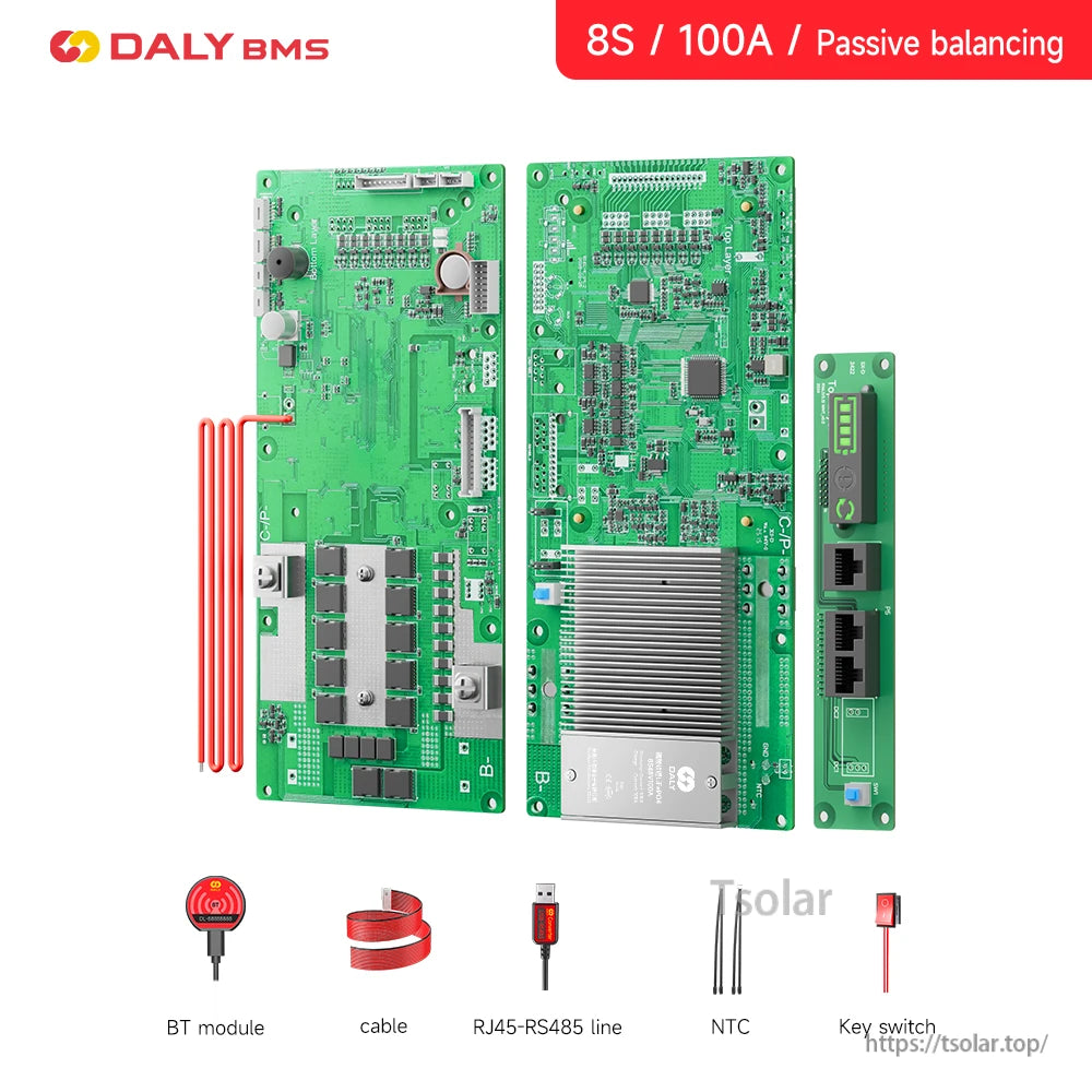 8S 100A passive balancing set showing BMS boards plus separate interface board with two RJ45 ports