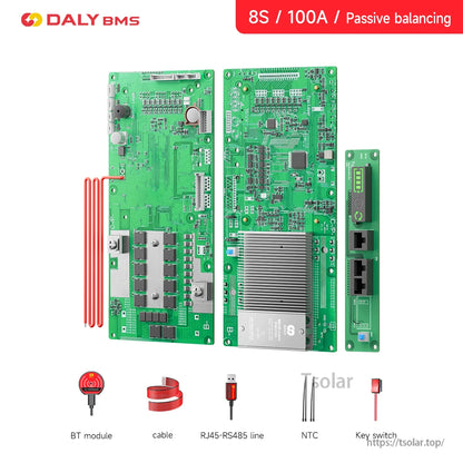 8S 100A passive balancing set showing BMS boards plus separate interface board with two RJ45 ports