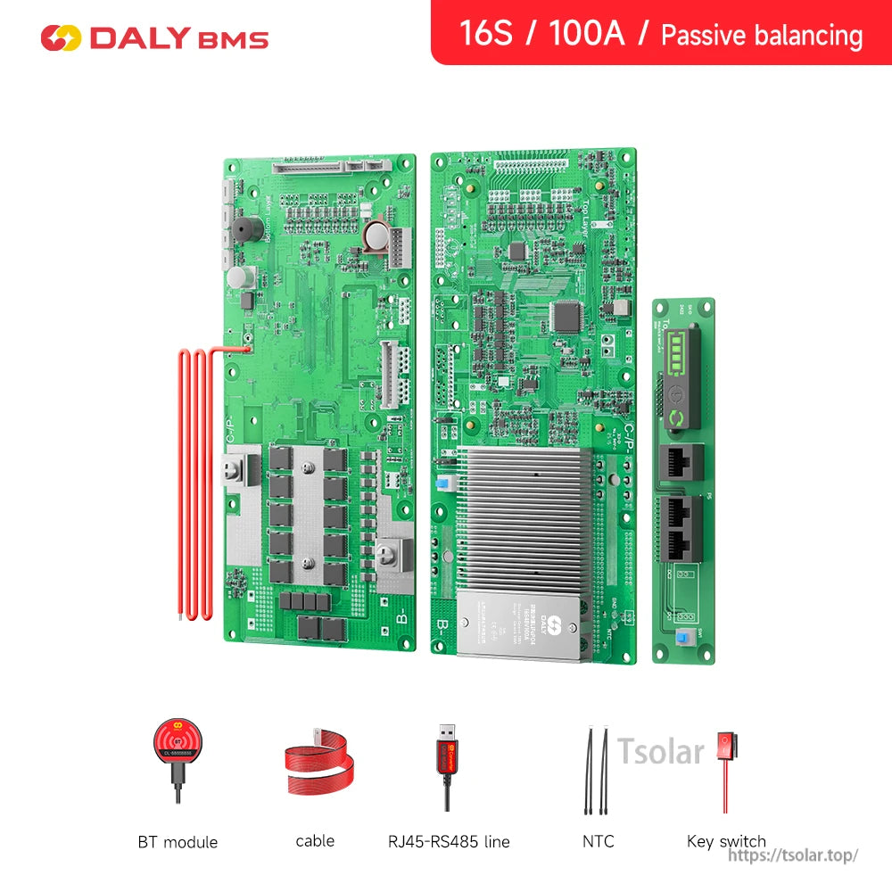 Daly smart LiFePO4 BMS 16S 100A passive balancing board set with BT module, RS485 cable, NTC and key switch