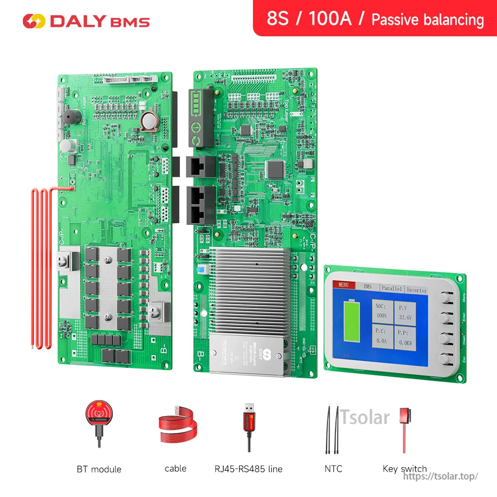 8S 100A passive balancing kit with BMS boards and separate color display, plus listed accessories