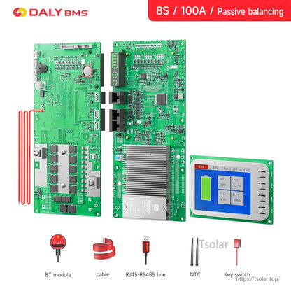 8S 100A passive balancing kit with BMS boards and separate color display, plus listed accessories