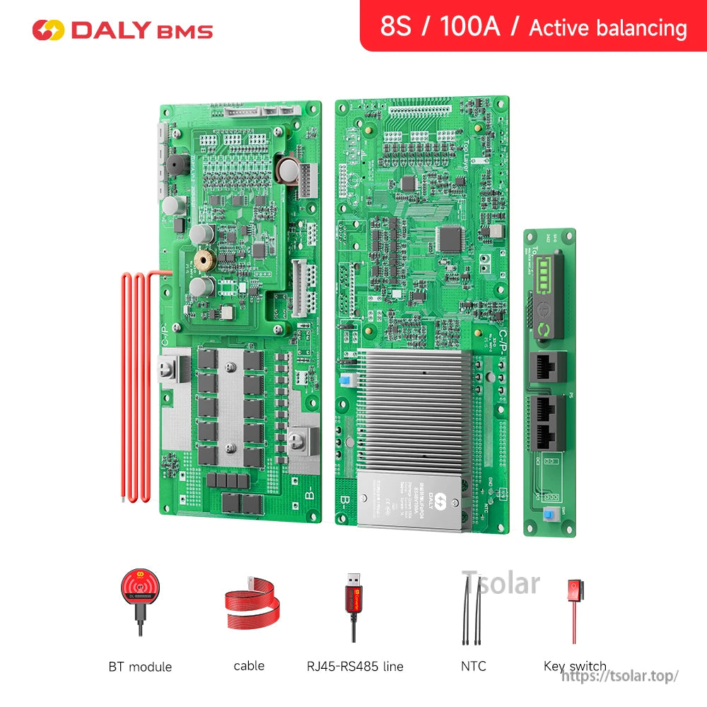 Daly smart LiFePO4 BMS boards labeled 8S 100A with active balancing, plus BT module, RS485 cable, NTC and key switch