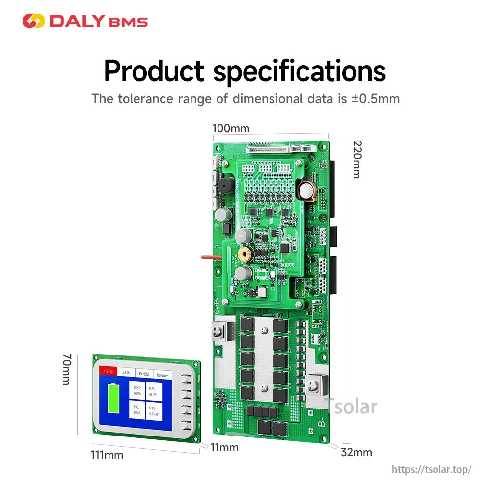 Product specifications diagram showing BMS board dimensions 220 x 100 mm and display size 111 x 70 mm