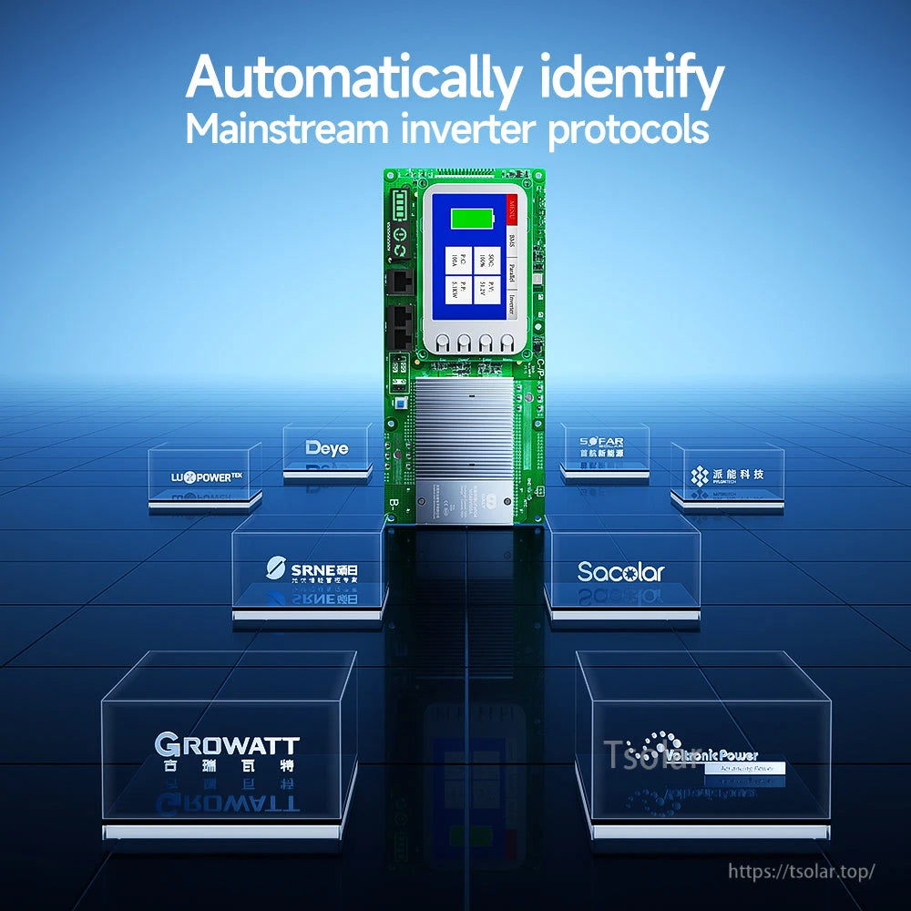 Graphic showing BMS board and text 'Automatically identify mainstream inverter protocols'
