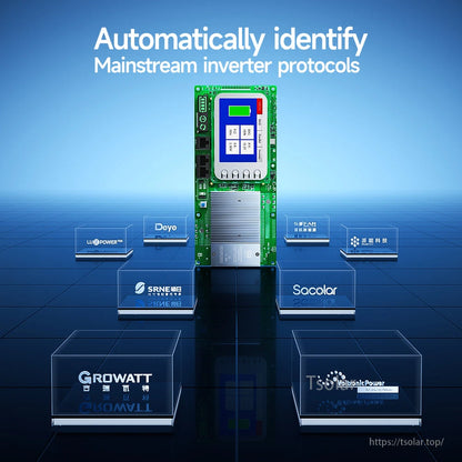 Graphic showing BMS board and text 'Automatically identify mainstream inverter protocols'