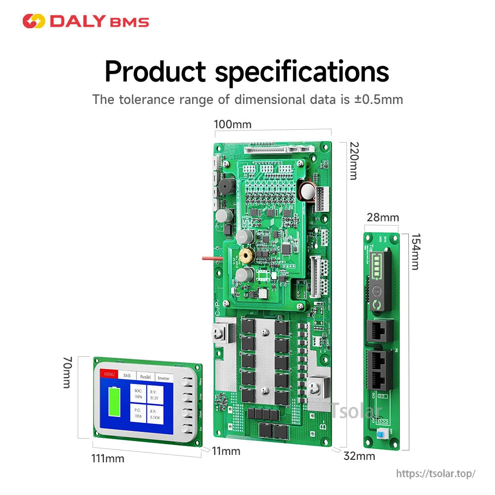 BMS size diagram showing main board plus separate interface board dimensions 154 x 28 mm