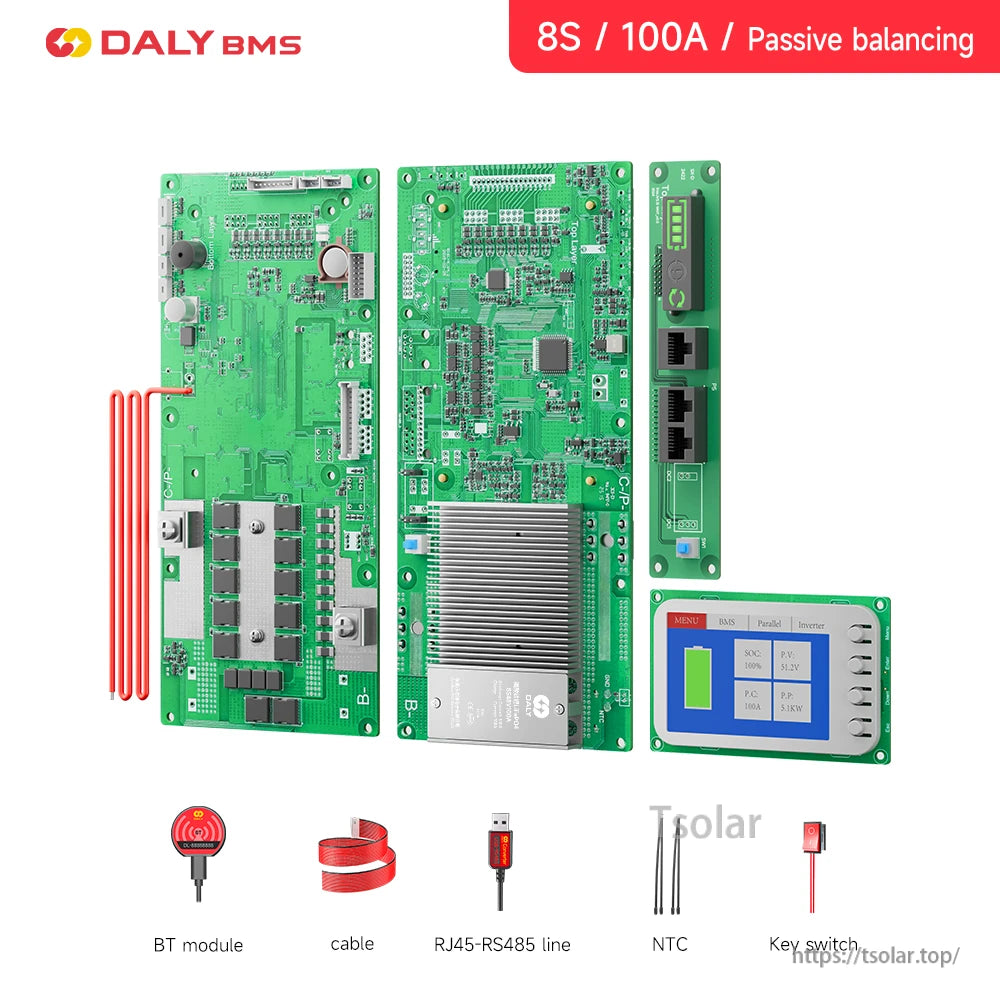 8S 100A passive balancing kit with BMS boards, interface board and color display module plus accessories