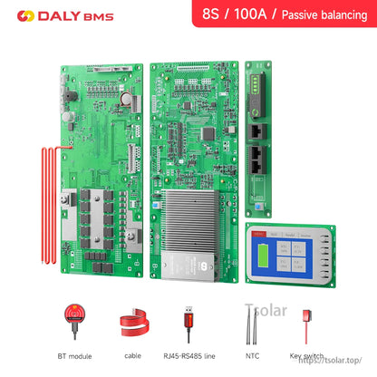 8S 100A passive balancing kit with BMS boards, interface board and color display module plus accessories