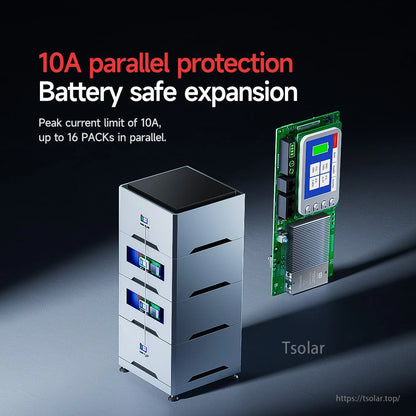 Parallel expansion graphic showing stackable battery packs and BMS board with 10A parallel protection text