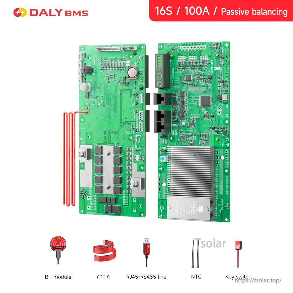 16S 100A passive balancing BMS boards with accessory set shown below (BT module, cable, RS485, NTC)