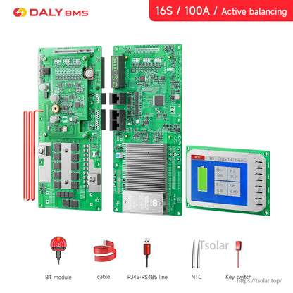 16S 100A active balancing kit showing BMS boards with color display module and labeled accessories