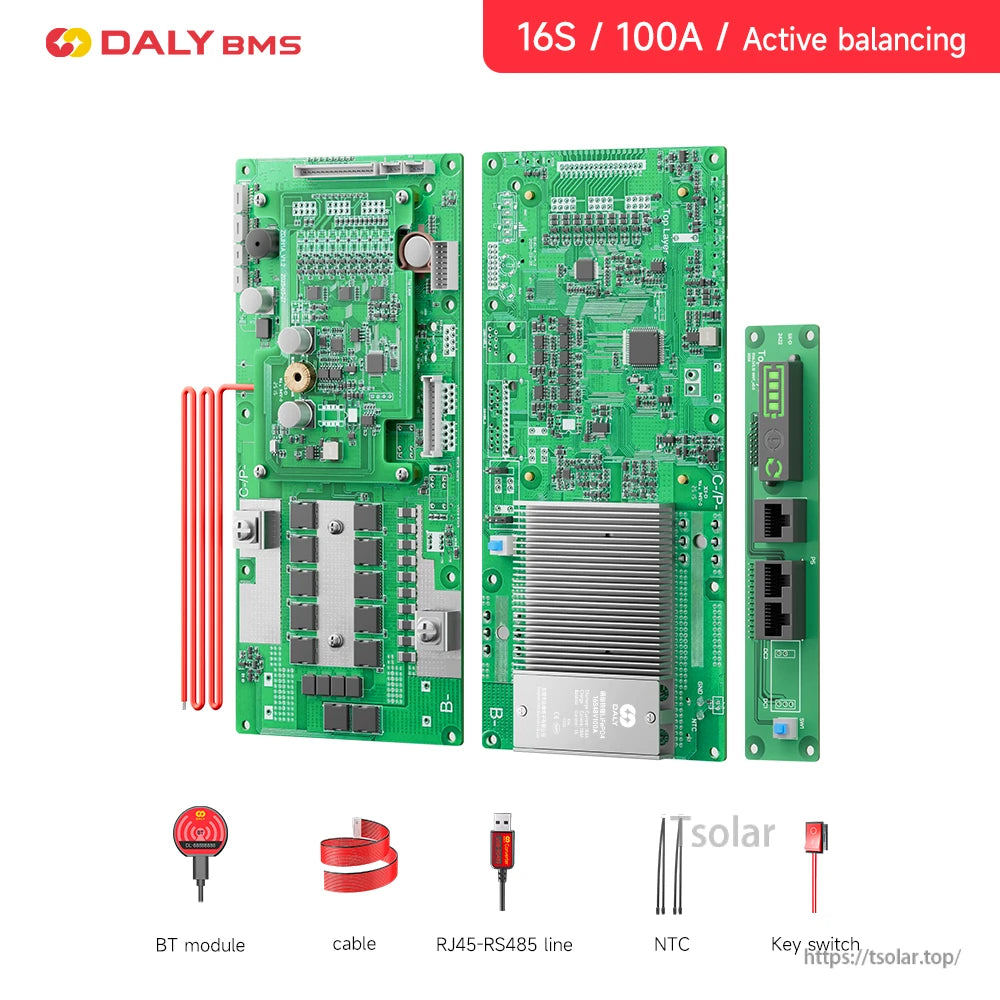 Daly Smart LiFePO4 BMS 16S 100A active balancing board set with Bluetooth module, RS485 cable, NTC and key switch