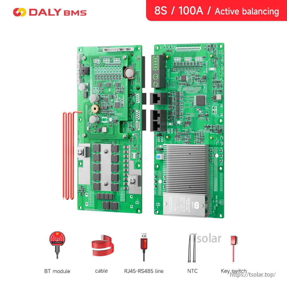 8S 100A active balancing BMS boards with included BT module, wiring cable, RJ45-RS485, NTC and switch