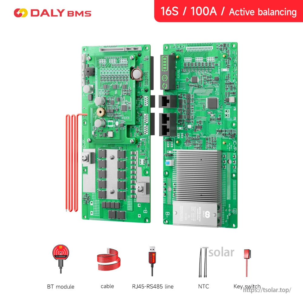 16S 100A active balancing BMS boards shown with accessory set including BT module and RJ45-RS485 cable