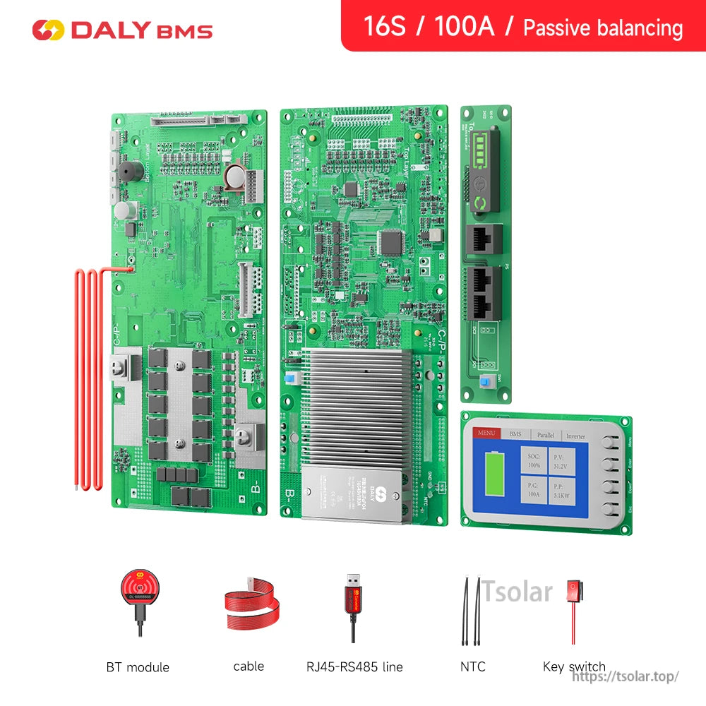 Daly Smart LiFePO4 BMS 16S 100A kit with passive balancing, circuit boards, display module, and wiring