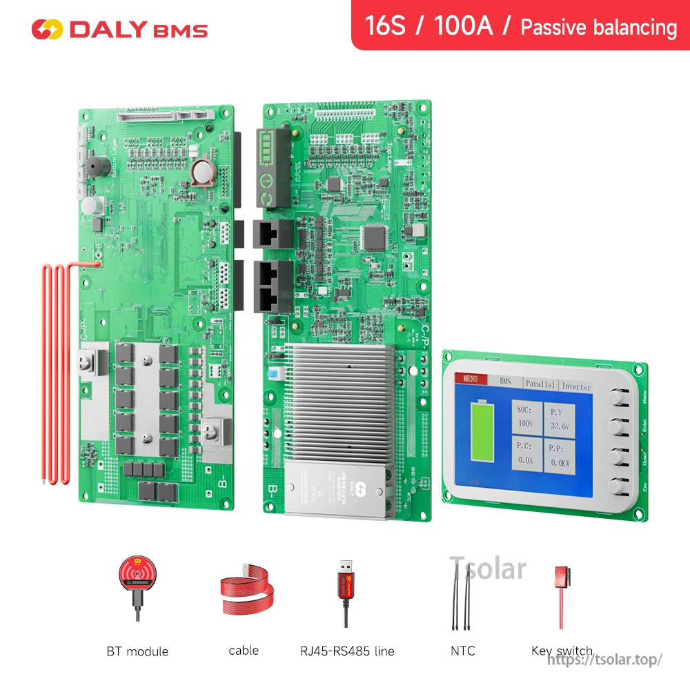 16S 100A passive balancing kit showing BMS boards with separate color display and accessory items