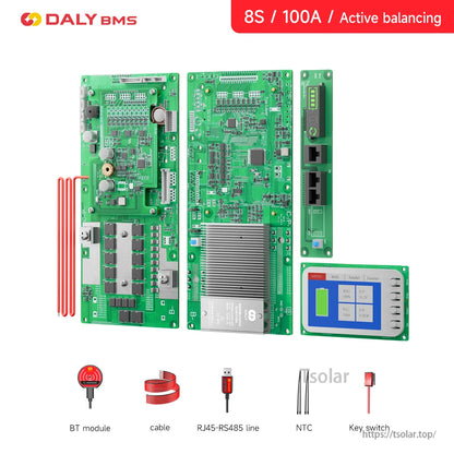 Daly Smart LiFePO4 BMS, Daly smart BMS 8S 100A active balancing kit with main boards, display module, and included cables and sensors
