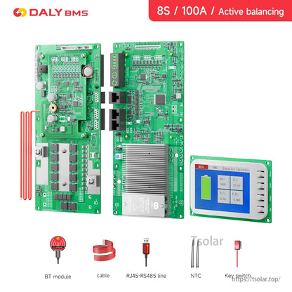 8S 100A active balancing kit with BMS boards, color display module and accessory cables shown