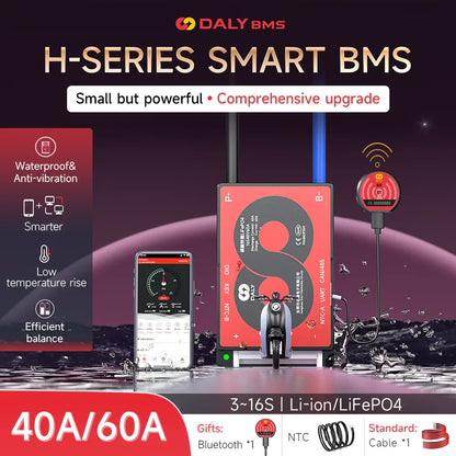H-Series smart BMS promotional graphic showing module, Bluetooth dongle, and phone app screen