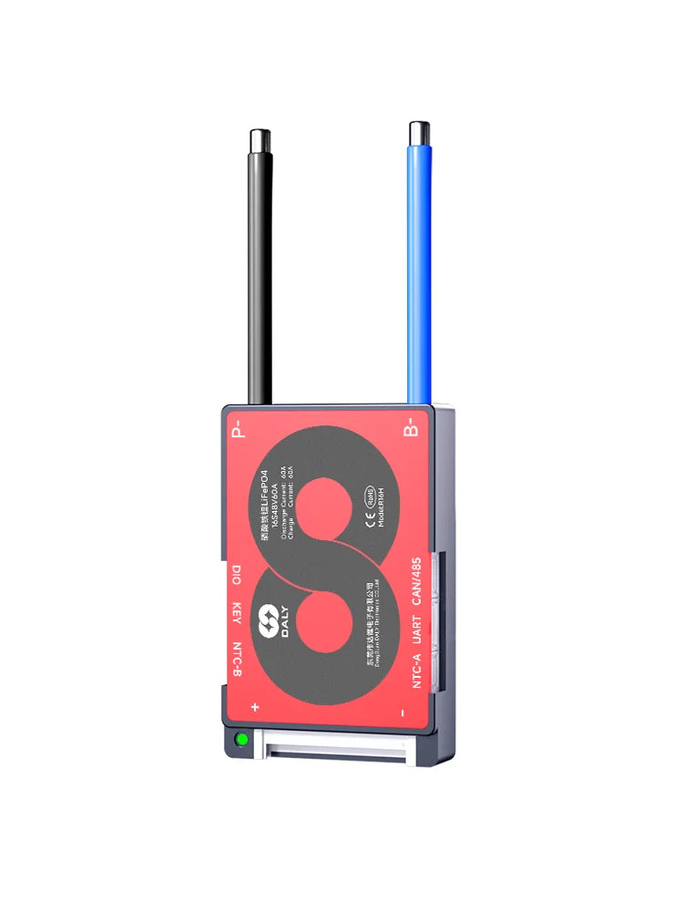 Daly SMART H Series Smart BMS module with antenna wires and labeled ports (NTC-A, UART, CAN/485)