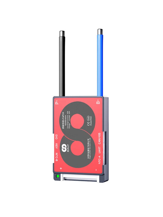 Daly SMART H Series Smart BMS module with antenna wires and labeled ports (NTC-A, UART, CAN/485)